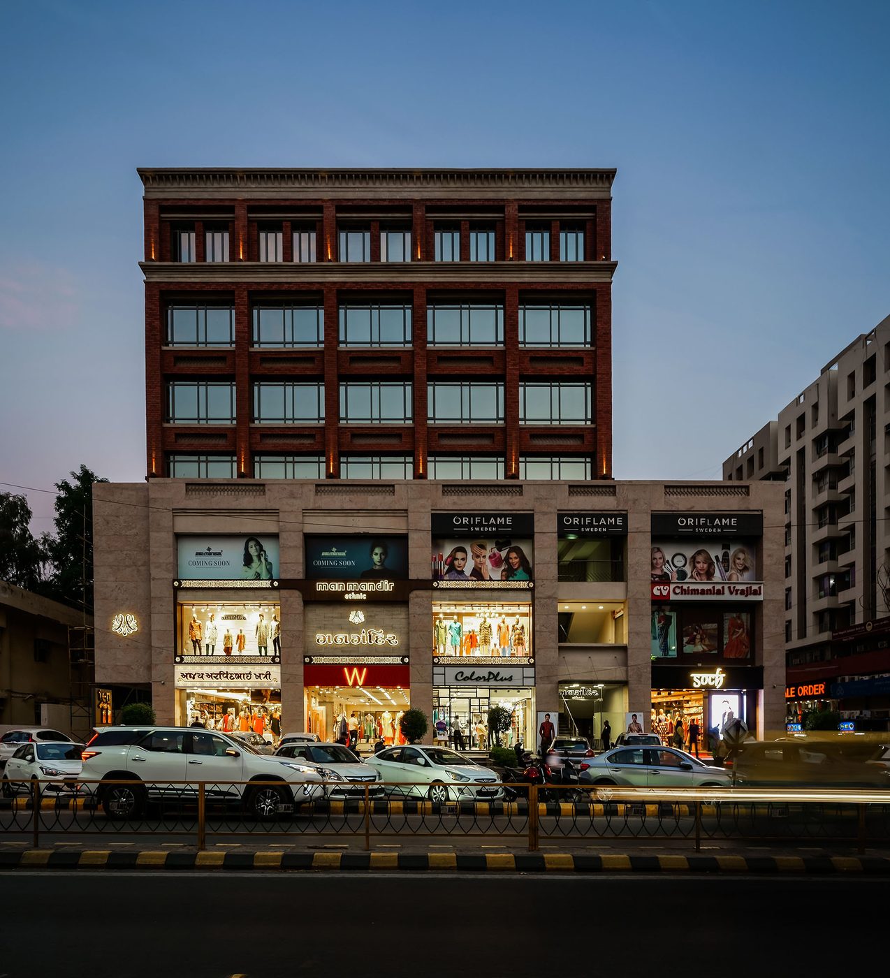 The Ten-11 building on C.G. Road, Ahmedabad, at dusk